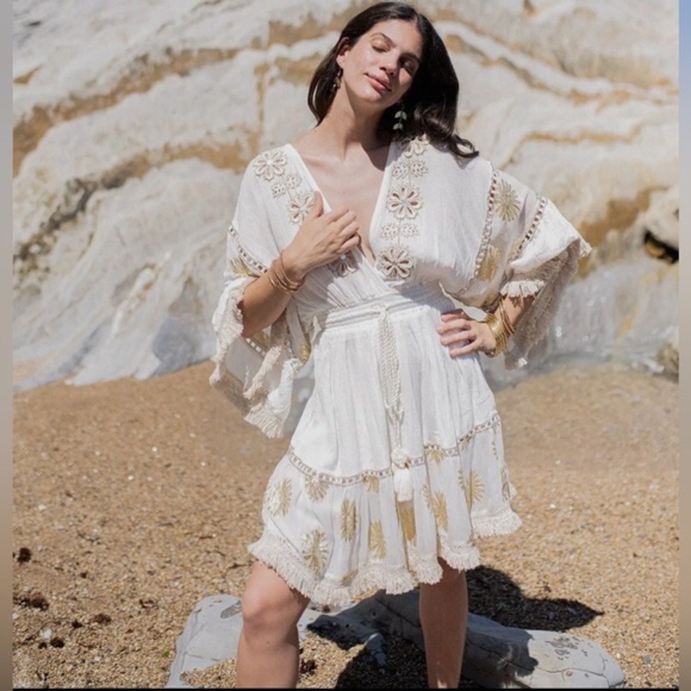 Piti Cuiti White and Gold Embroidered Kaftan Dress
